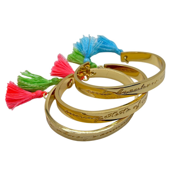 Lilly Pulitzer Jewelry - Lilly Pulitzer Gold Tassel Cuff Bracelets Set of 3 Engraved Pink Blue Green